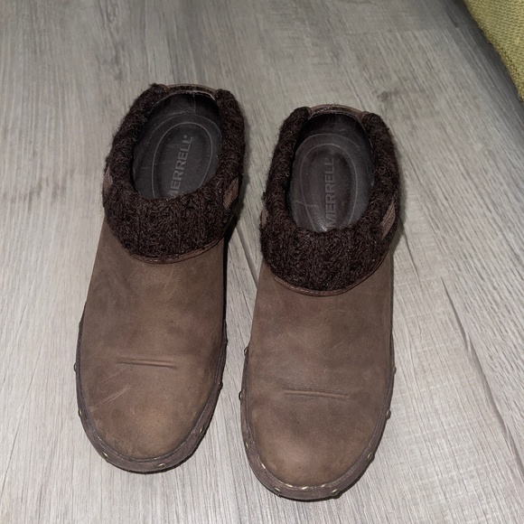 Merrell Brown Knit Lined Heeled Clog Slip On Shoes Size 6.5 - Picture 1 of 5